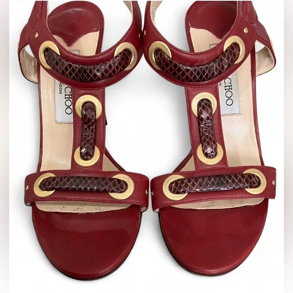 EUC JIMMY CHOO | SZ 37 1/2 | Napa Watersnake Burgundy Gold Heeled Sandals Shoes - Picture 4 of 9
